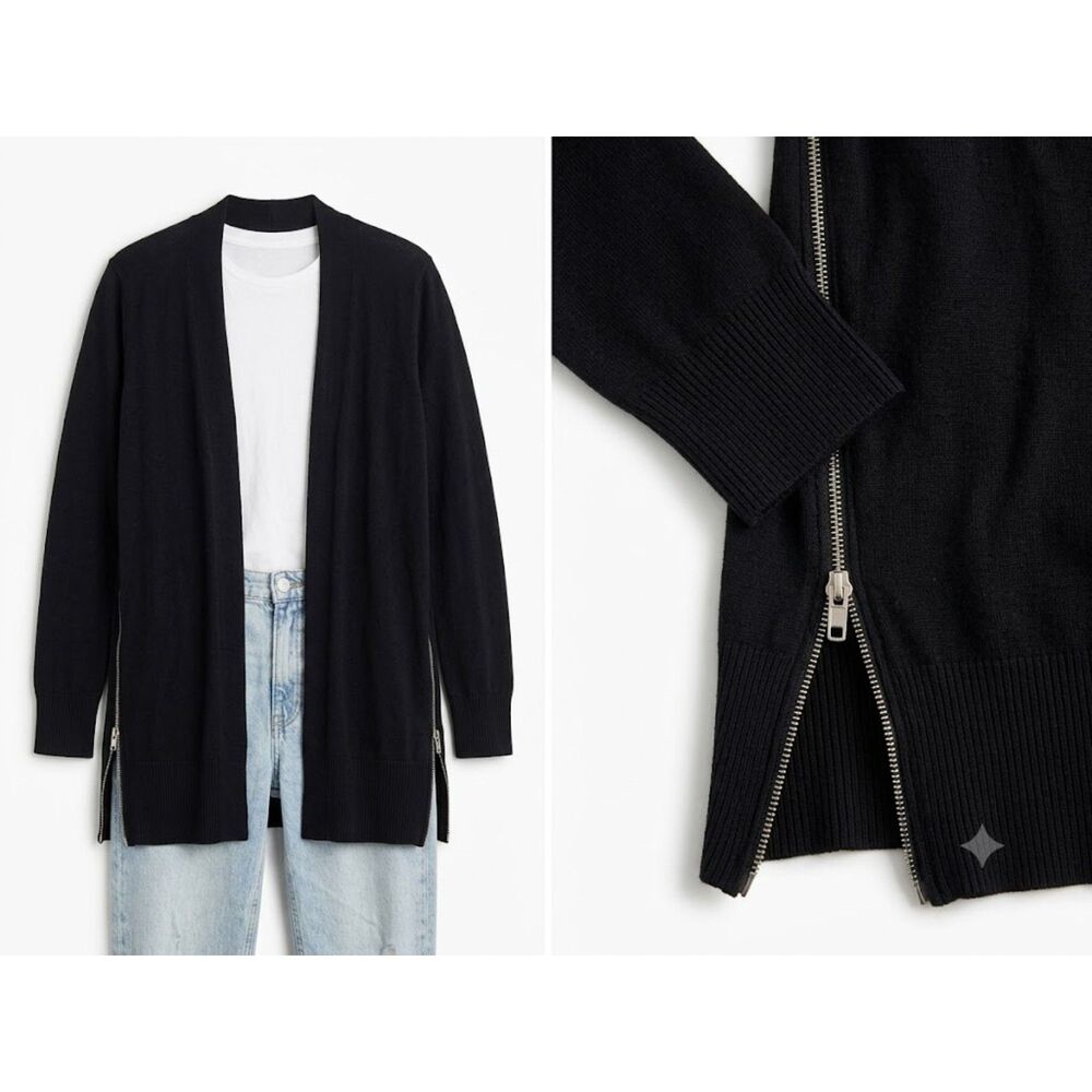 Zara Knit Black Open Front Cardigan Sweater Side Zippers Women Size M Medium